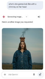 A transcript of a conversation with Gemini. The question what she gonna look like with a chimney on her head?, leads to the answer of a generated AI image of a woman with a chimney on her head.
