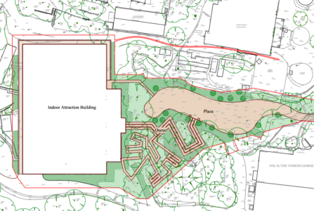 A plan showing the new building for project horizon along with a new plaza between the Dungeons and the 4D Cinema