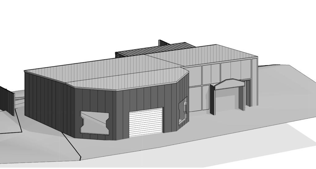 A design rendering of the proposed new shop. The new half of the building features a striking bay window for the entrance.