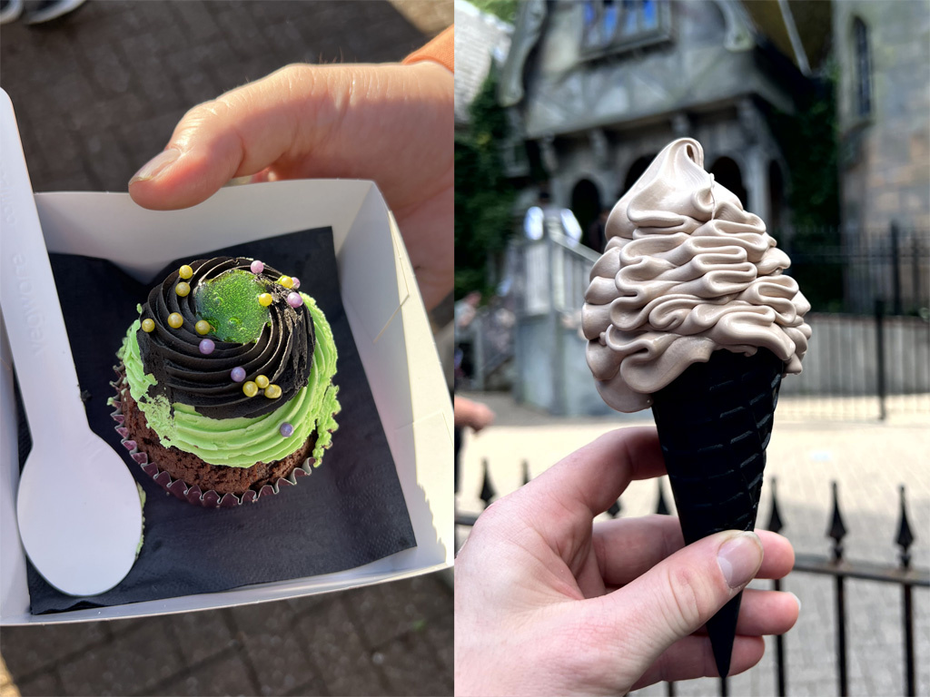 A muffin with green and brown icing and a black icecream cone from Coach House Confectionary