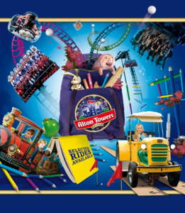 A blue backpack with various rides and rollercoasters bursting out of the zipper and an Alton Towers logo on the front
