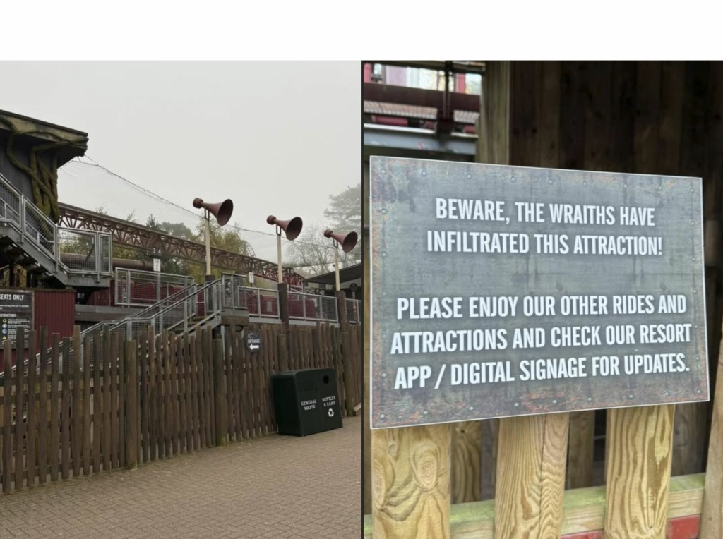 A side-by-side picture, showing Rita's station with no activity alongside a sign saying that Wraiths have infiltrated the attraction